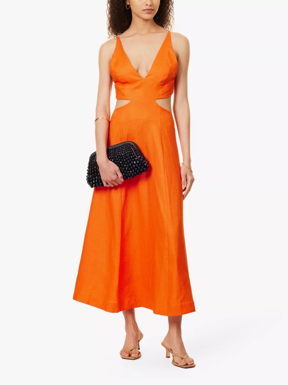 Reformation Samara Flame Orange 100% Linen Cutout Midi Dress Plunge Size 12